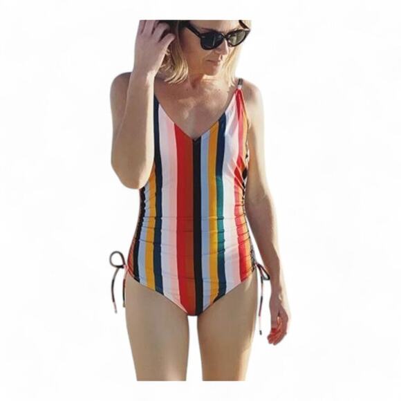 Time and Tru Multicolor Verticle Stripe One Piece Swimsuit V-Neckline Size M - Picture 1 of 5